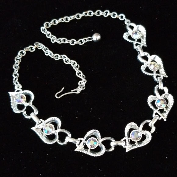 Vintage 1950s Rhinestone Heart Necklace Silver Tone - Picture 4 of 12